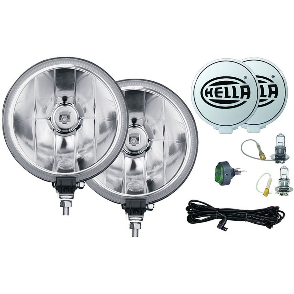 Pair of round HELLA auxiliary driving lights with white covers